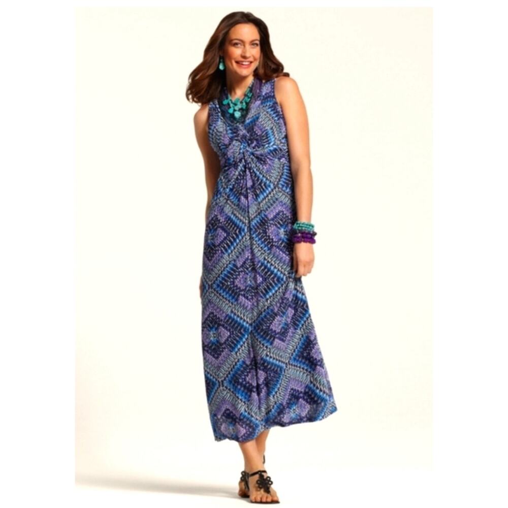 Chicos Textured Maxi Media Dress Crinkle Fabric Multicolor Geometric Medium